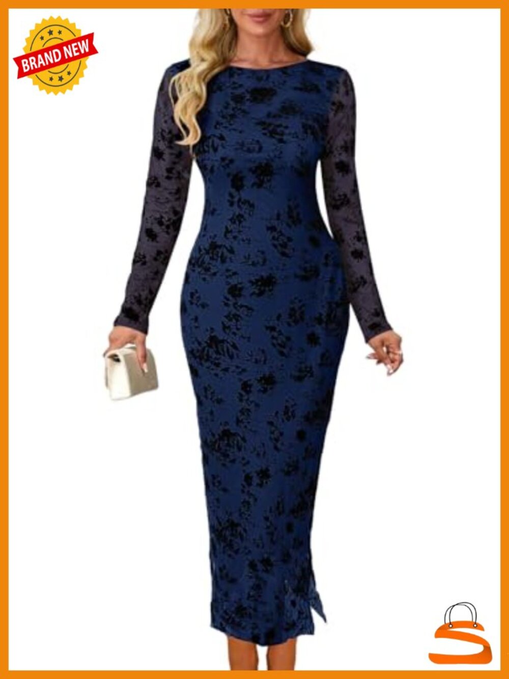 MITILLY Long Sleeve Bodycon Midi Dress Floral Mesh Wedding Guest Formal